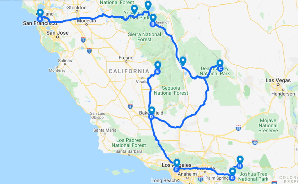 san francisco to los angeles road trip map